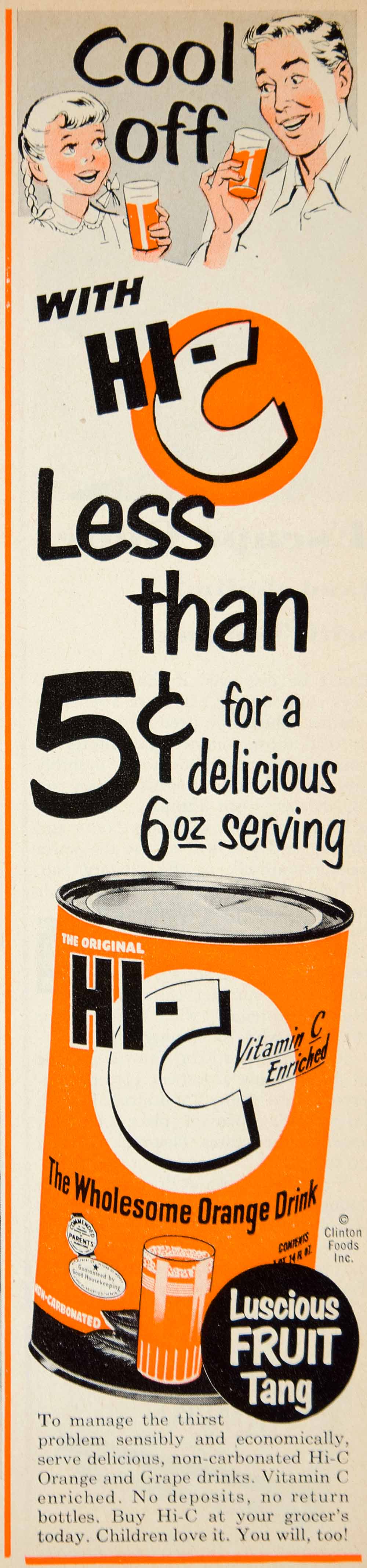 1953 Ad Clinton Foods Hi-C Orange Juice Drink Beverage Grocery Citrus Fruit YBL1