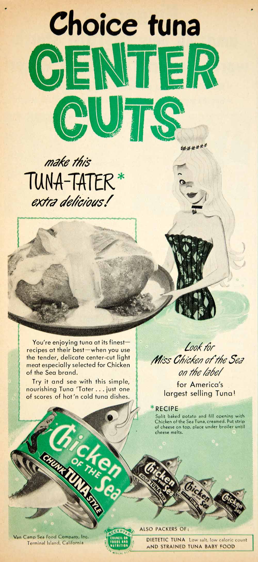 1954 Ad Miss Chicken Of The Sea Tuna Potato Recipe Fish Seafood Mermaid Van YBL1
