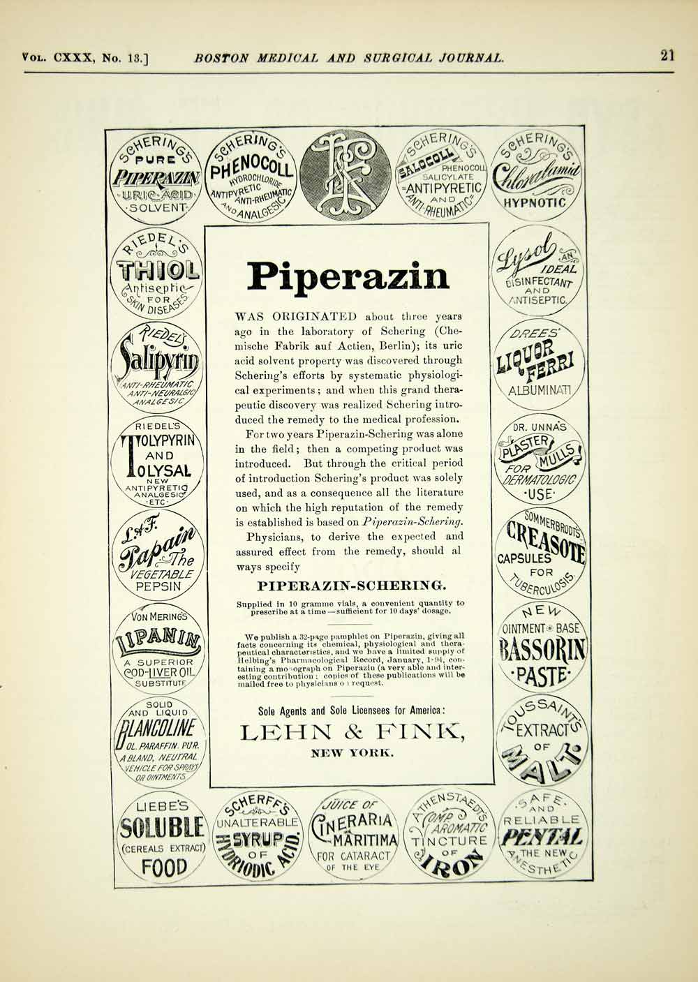 1894 Ad Lehn Fink NY Druggist Piperazin-Schering Medication Uric Acid YBM2