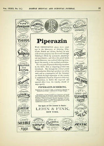 1894 Ad Lehn Fink NY Druggist Piperazin-Schering Medication Uric Acid YBM2