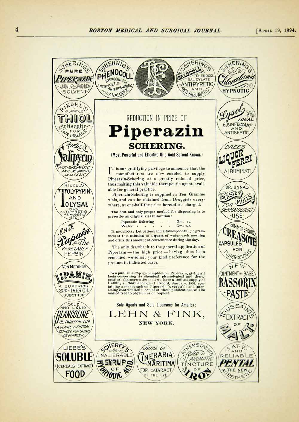 1894 Ad Scherings Piperazin Medicine Uric Acid Solvent Lehn Fink Druggist YBM2