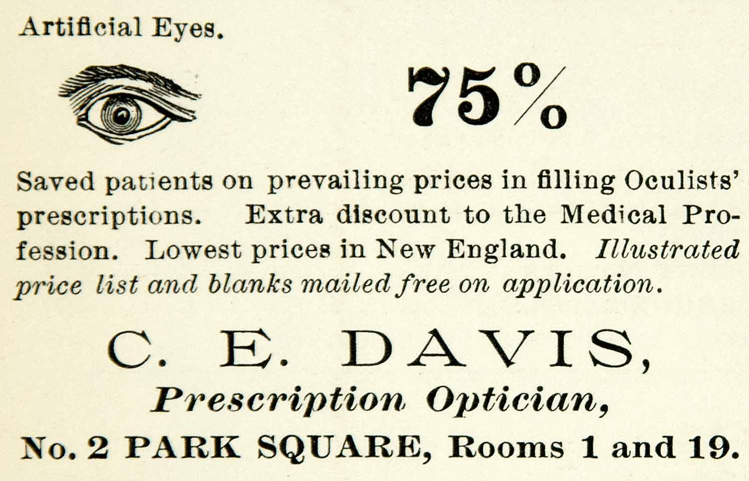 1894 Ad CE Davis Prescription Optician 2 Park Square Boston MA Eye Medicine YBM2