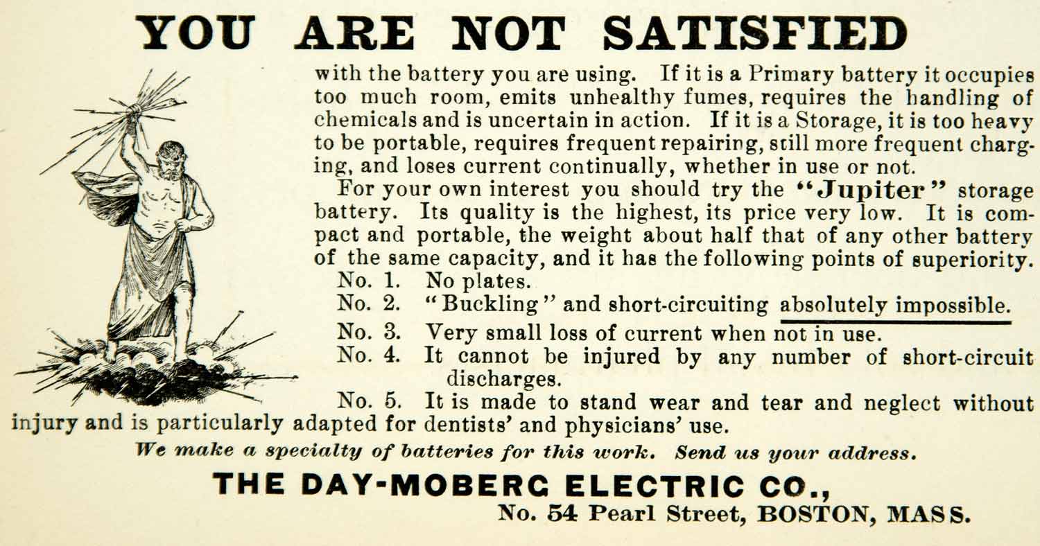 1894 Ad Day Moberg Electric 54 Pearl St Boston MA Jupiter Storage Battery YBM2