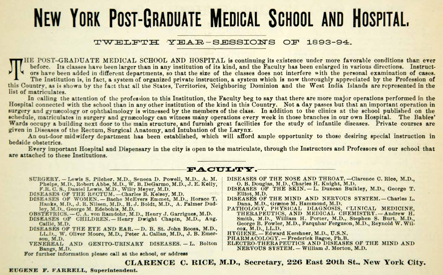 1894 Ad Post Graduate Medical School Hospital NY Faculty Listing 226 E 20th YBM2