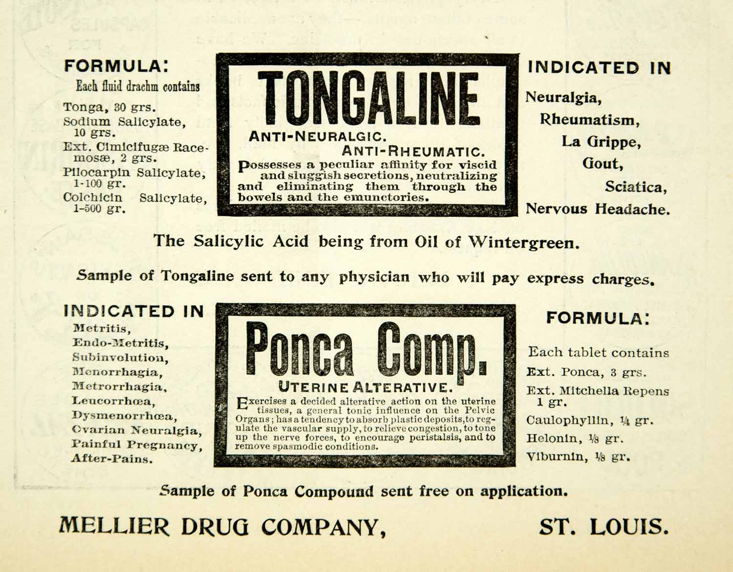 1894 Ad Mellier Drug Tongaline Ponca Tonic Health St Louis MO Anti YBM2