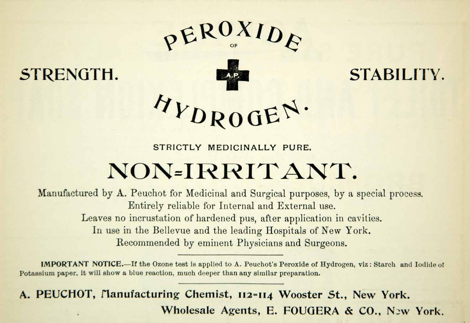 1894 Ad Peuchot Hydrogen Peroxide Medicine 1124 Wooster St NY Surgical YBM2