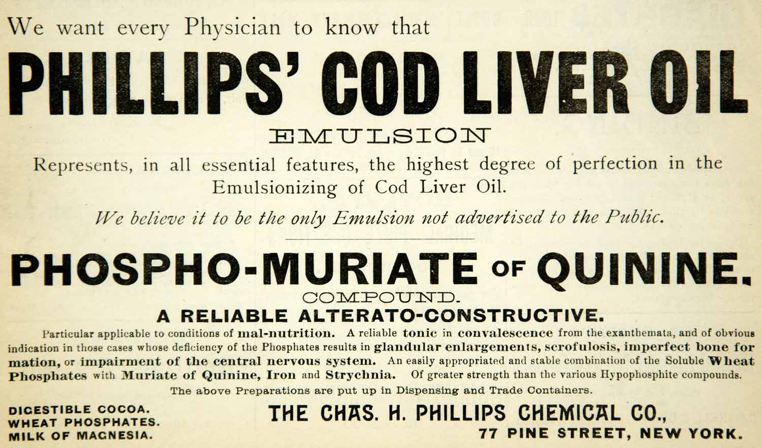 1894 Ad Charles H Phillips Chemical 77 Pine St NY Cod Liver Oil Medicine YBM2
