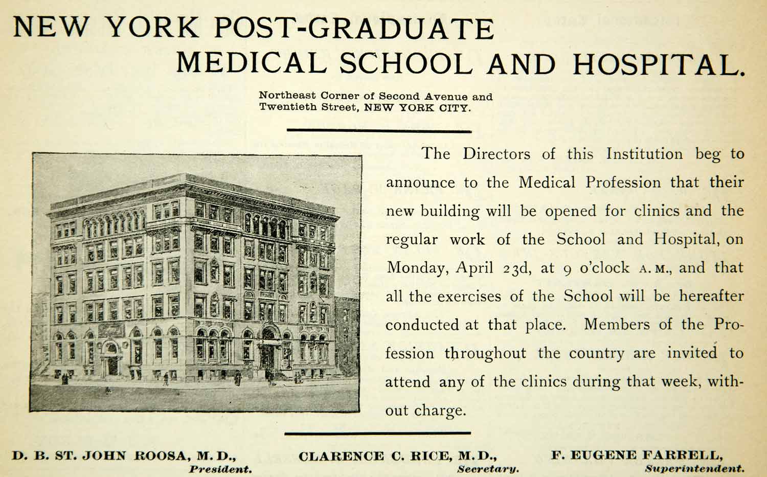1894 Ad New York Post Graduate Medical School Hospital 2nd Ave 20th St YBM2