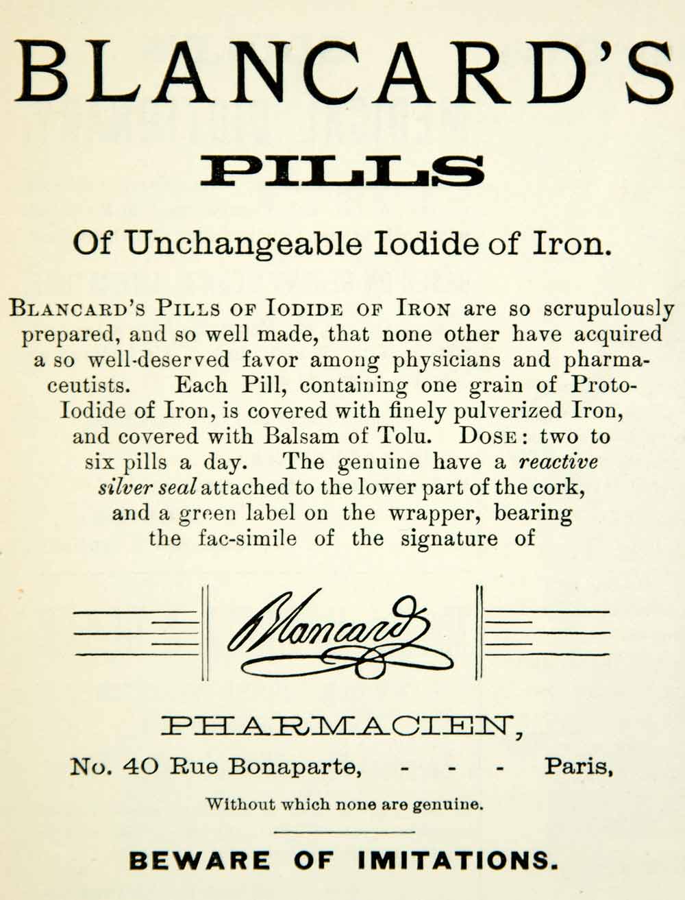 1894 Ad Blancards Iodide Iron Medicine Pill 40 Rue Bonaparte Paris France YBM2