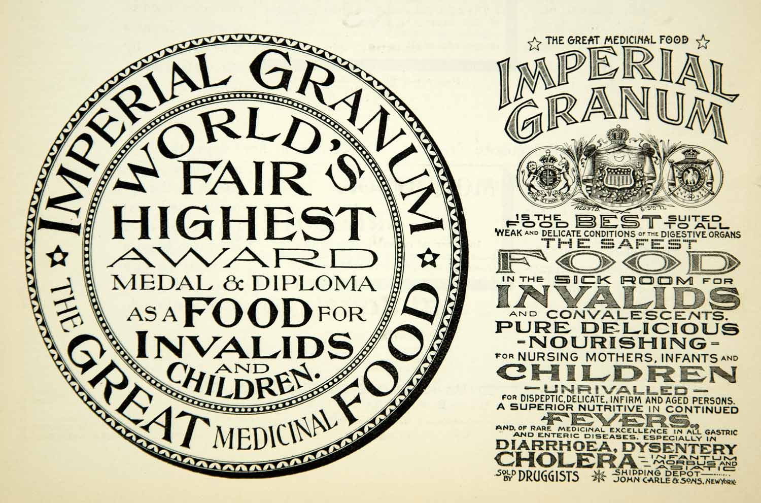 1894 Ad Imperial Granum Medicinal Food John Carle Sons Druggist NY Worlds YBM2