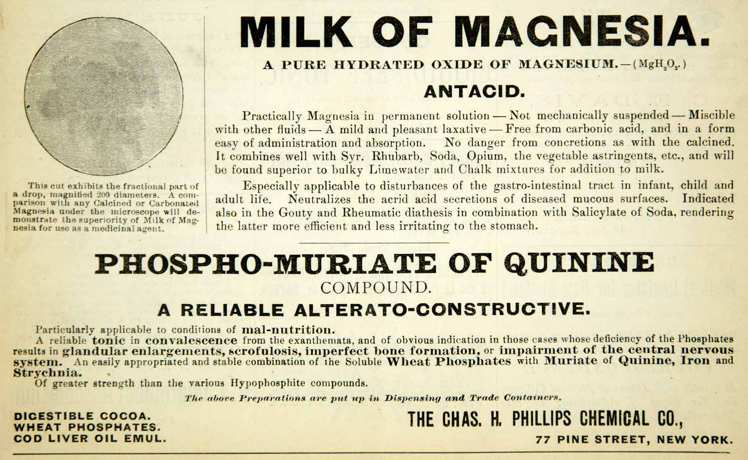 1894 Ad Charles H Phillips 77 Pine St NY Milk Magnesia Medicine Antacid YBM2