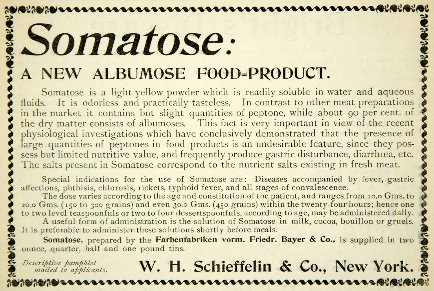 1894 Ad WH Schieffelin NY Somatose Albumose Medicine Nutrition Supplement YBM2