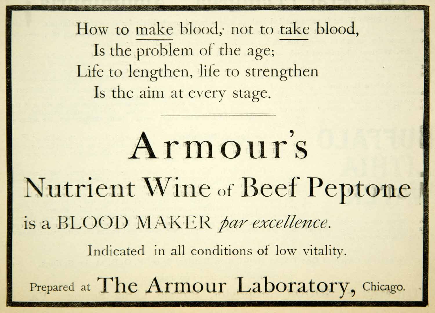 1894 Ad Armour Laboratory Chicago IL Nutrient Wine Beef Peptone Blood YBM2
