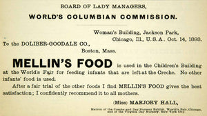 1894 Ad Doliber Goodale Boston MA Mellins Food Marjory Hall Chicago Worlds YBM2