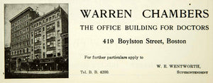 1914 Ad Warren Chambers Doctors Office Building 419 Boylston St Boston MA YBM2