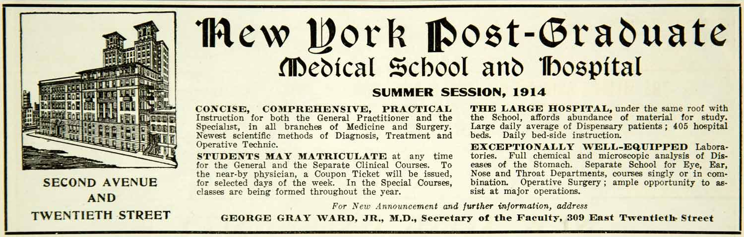 1914 Ad New York Post Graduate Medical School Hospital 2nd Ave 20th St YBM2