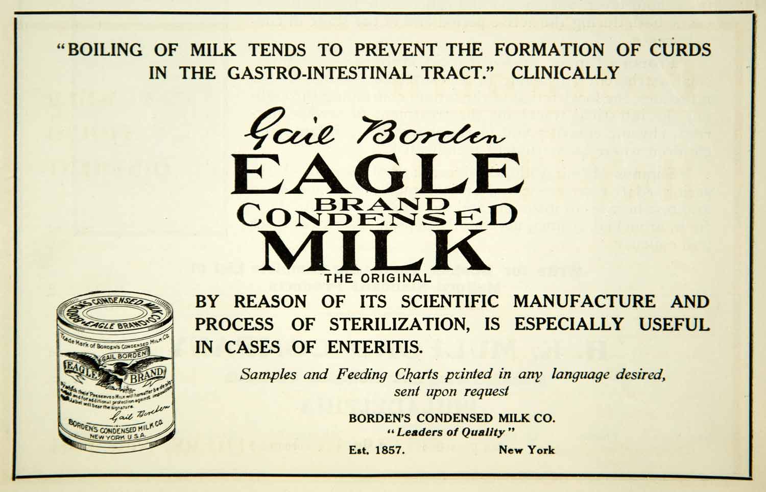 1914 Ad Gail Bordens Eagle Brand Condensed Milk NY Tin Can Grocery 