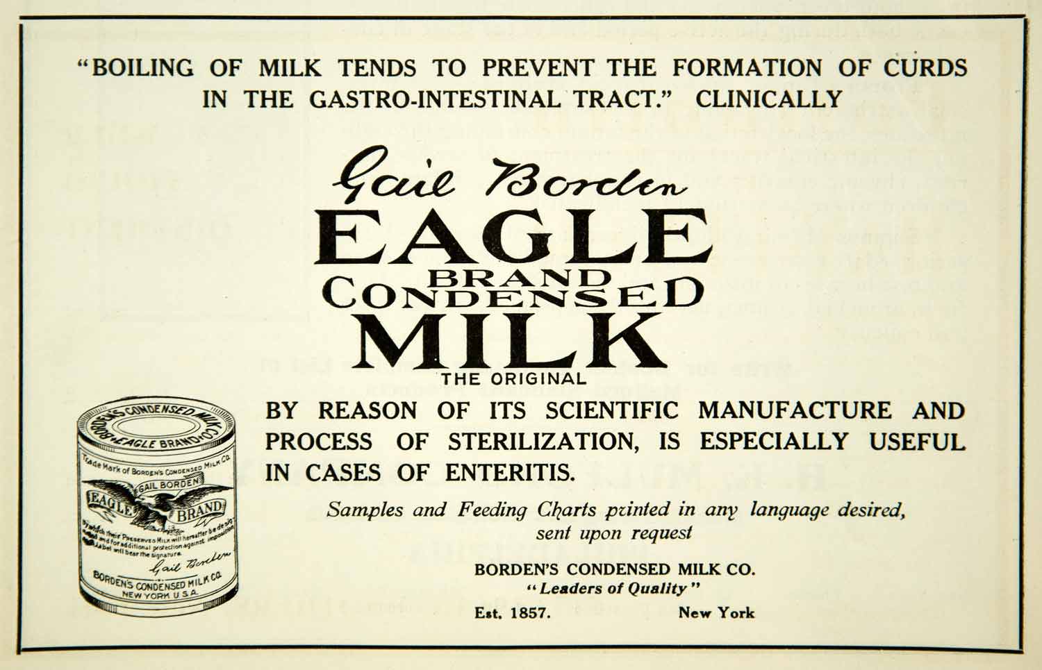 1914 Ad Gail Bordens Eagle Brand Condensed Milk NY Tin Can Grocery Beverage YBM2
