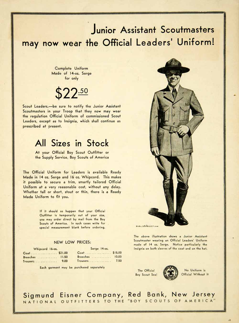 1931 Ad Sigmund Eisner Boy Scout Uniform Harold N Anderson Art