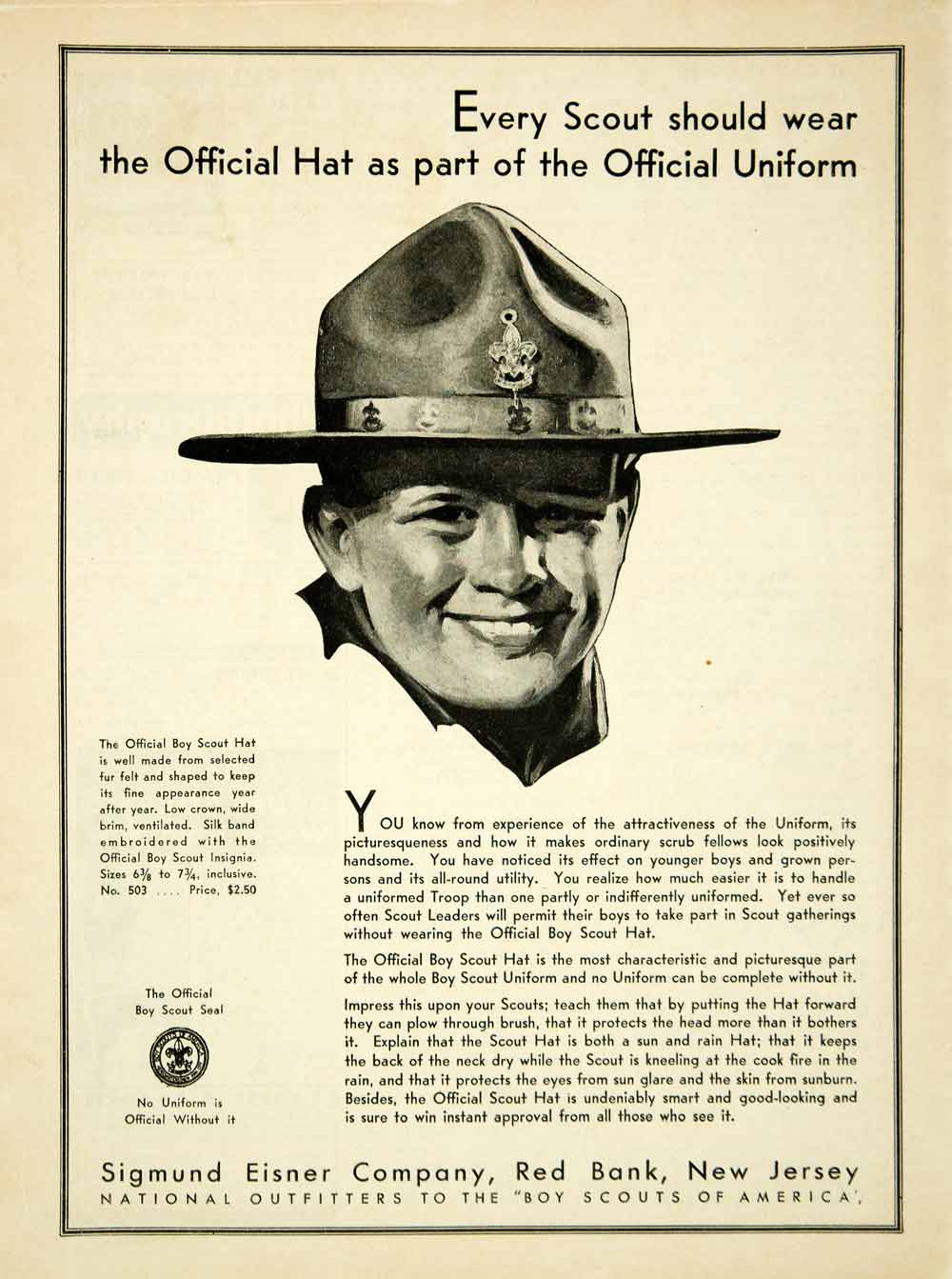 1931 Ad Sigmund Eisner Official Boy Scout Hat Clothing Uniform Costume YBSA1