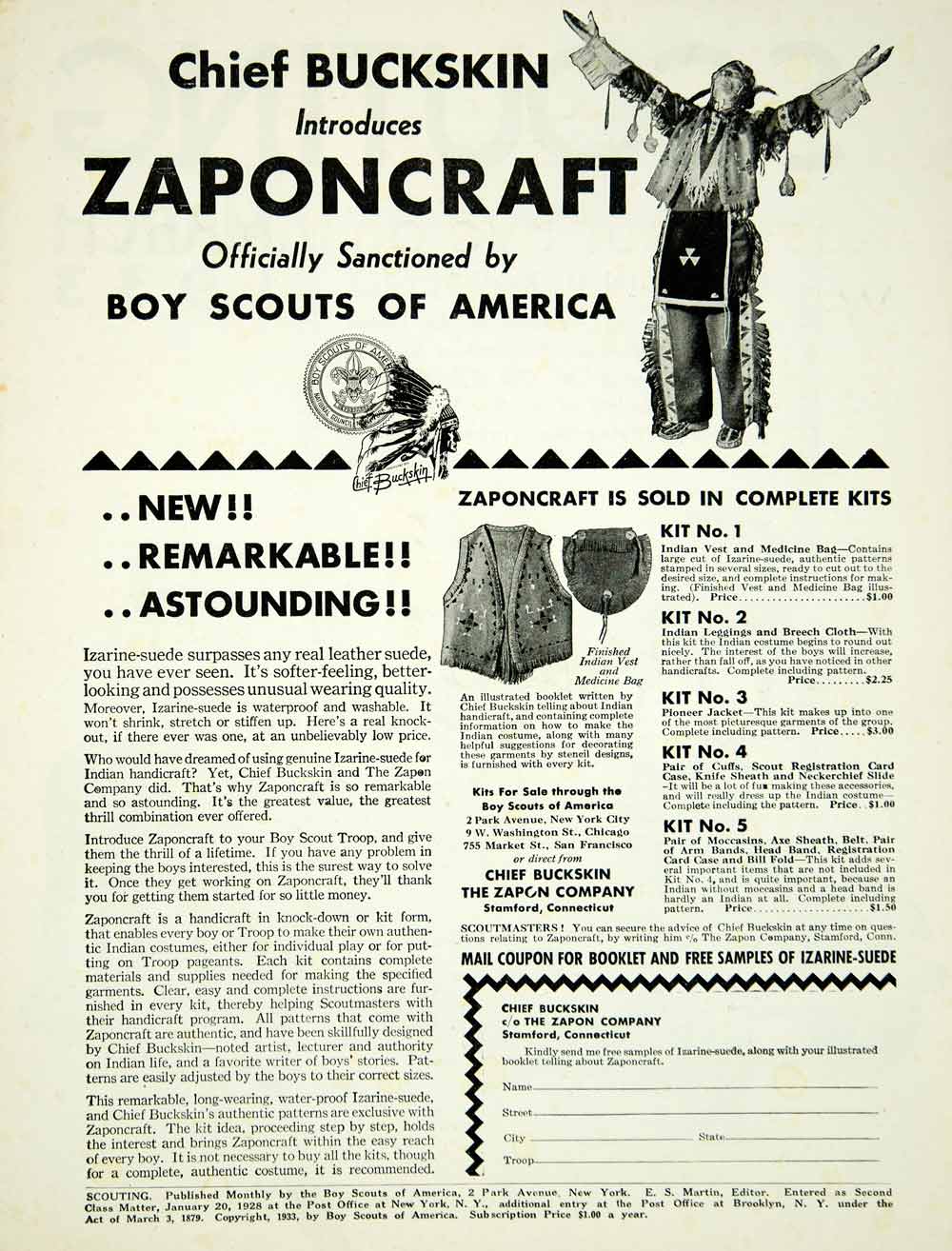 1933 Ad Chief Buckskin Zaponcraft Indian Vest Medicine Bag Boy Scouts YBSA1
