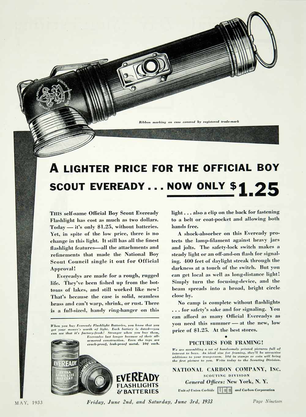1933 Ad Eveready Boy Scout Flashlight Battery National Carbon Sporting YBSA1