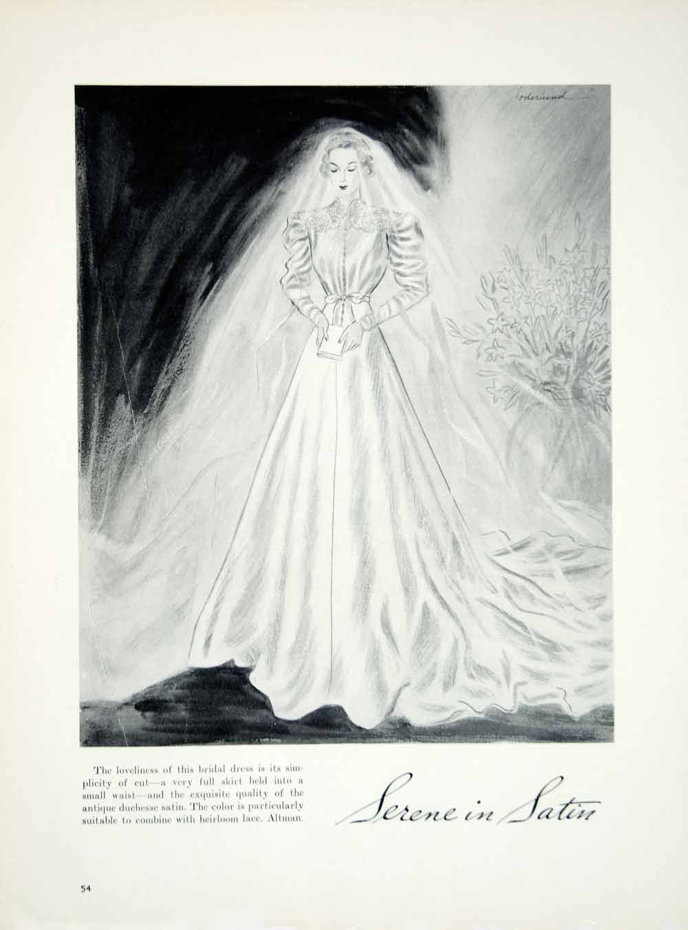 1936 Ad Vintage Duchesse Satin Wedding Dress Bride Veil Fashion YBSM1