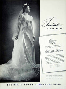 1936 Ad H & S Pogue Satin Wedding Dress Planning Bride Veil Gown Bridal YBSM1
