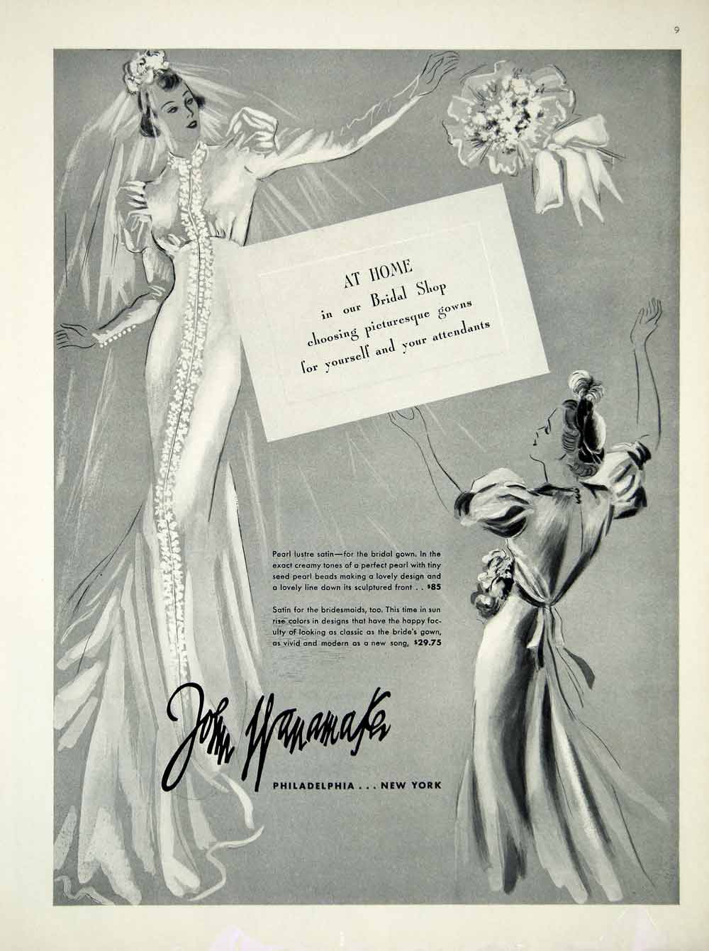 1936 Ad Vintage Satin Wedding Dress Bride Bouquet Toss Bridesmaid John YBSM1