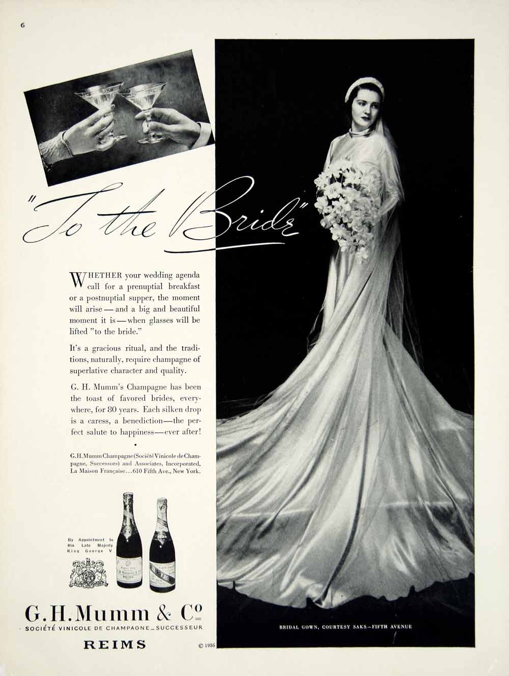 1936 Ad G H Mumm Champagne Wedding Toast Bride Bridal Gown Veil Bouque   Period Paper Historic Art LLC