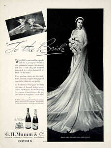 1936 Ad G H Mumm Champagne Wedding Toast Bride Bridal Gown Veil Bouquet YBSM1