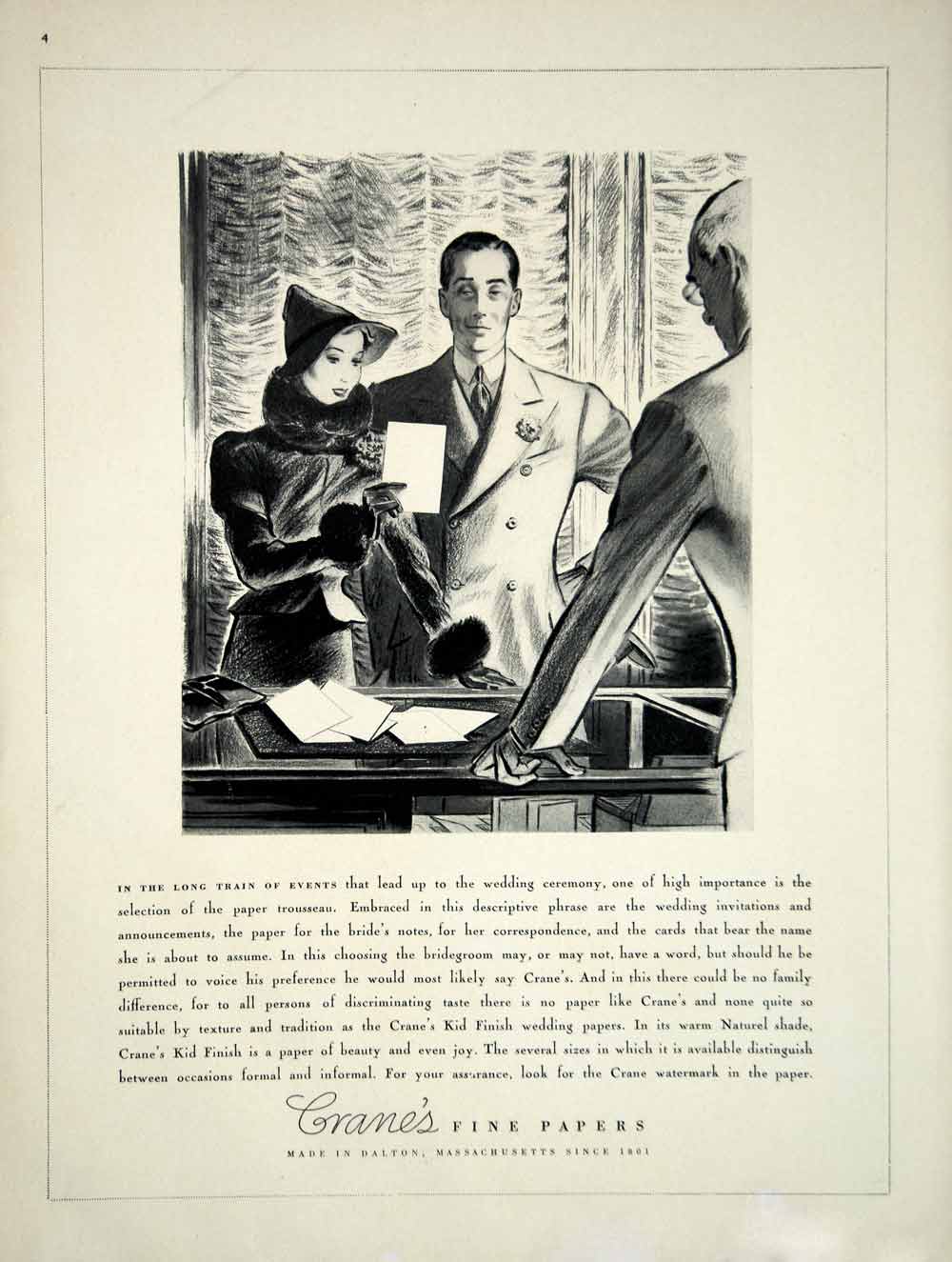 1936 Ad Crane's Kid Finish Wedding Papers Invitations Bride Groom YBSM1