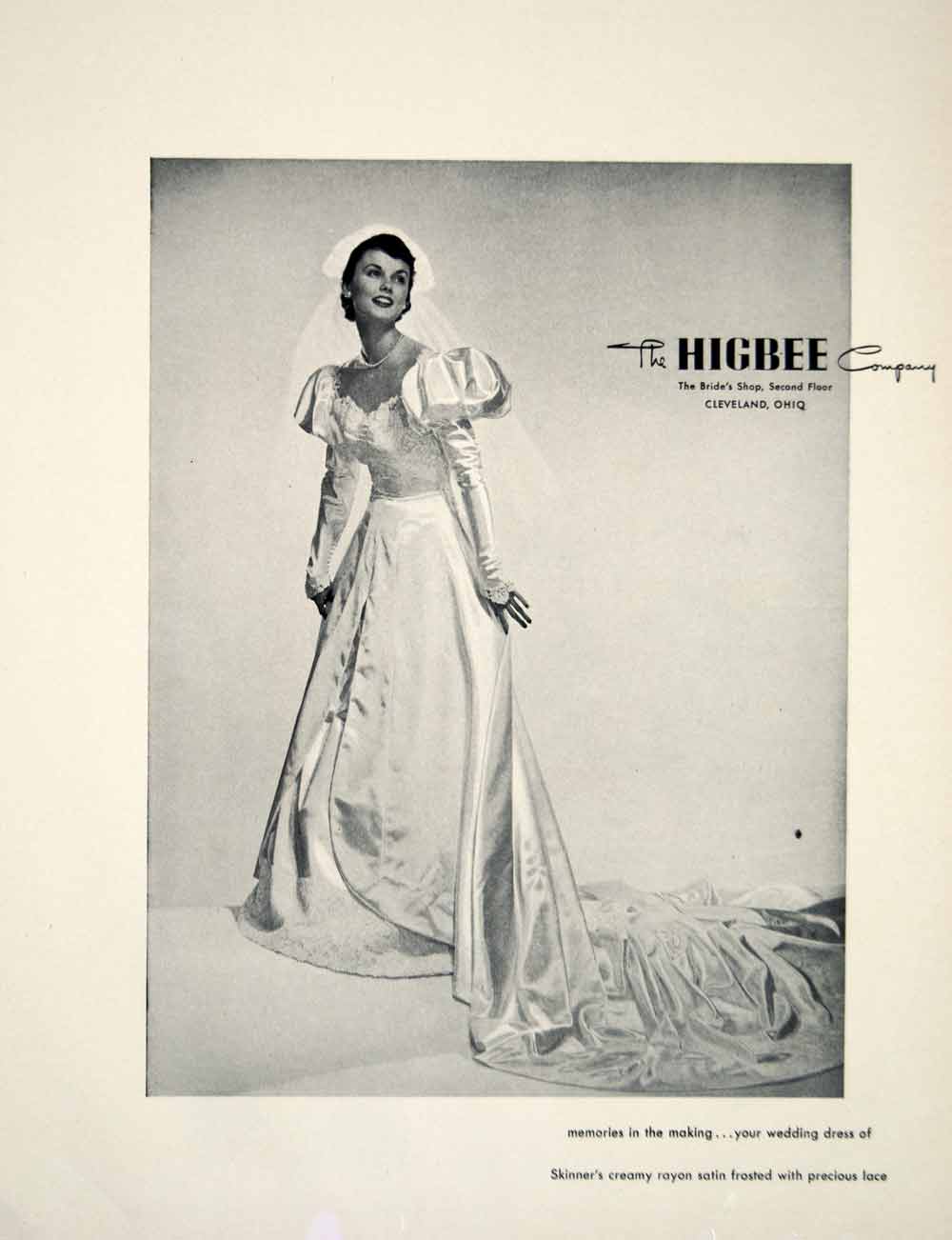 vintage dresses cleveland ohio 1949 Ad Vintage Satin Wedding Dress Bride Puffed Sleeve Higbee Company YBSM1