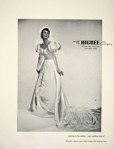1949 Ad Vintage Satin Wedding Dress Bride Puffed Sleeve Higbee Company YBSM1