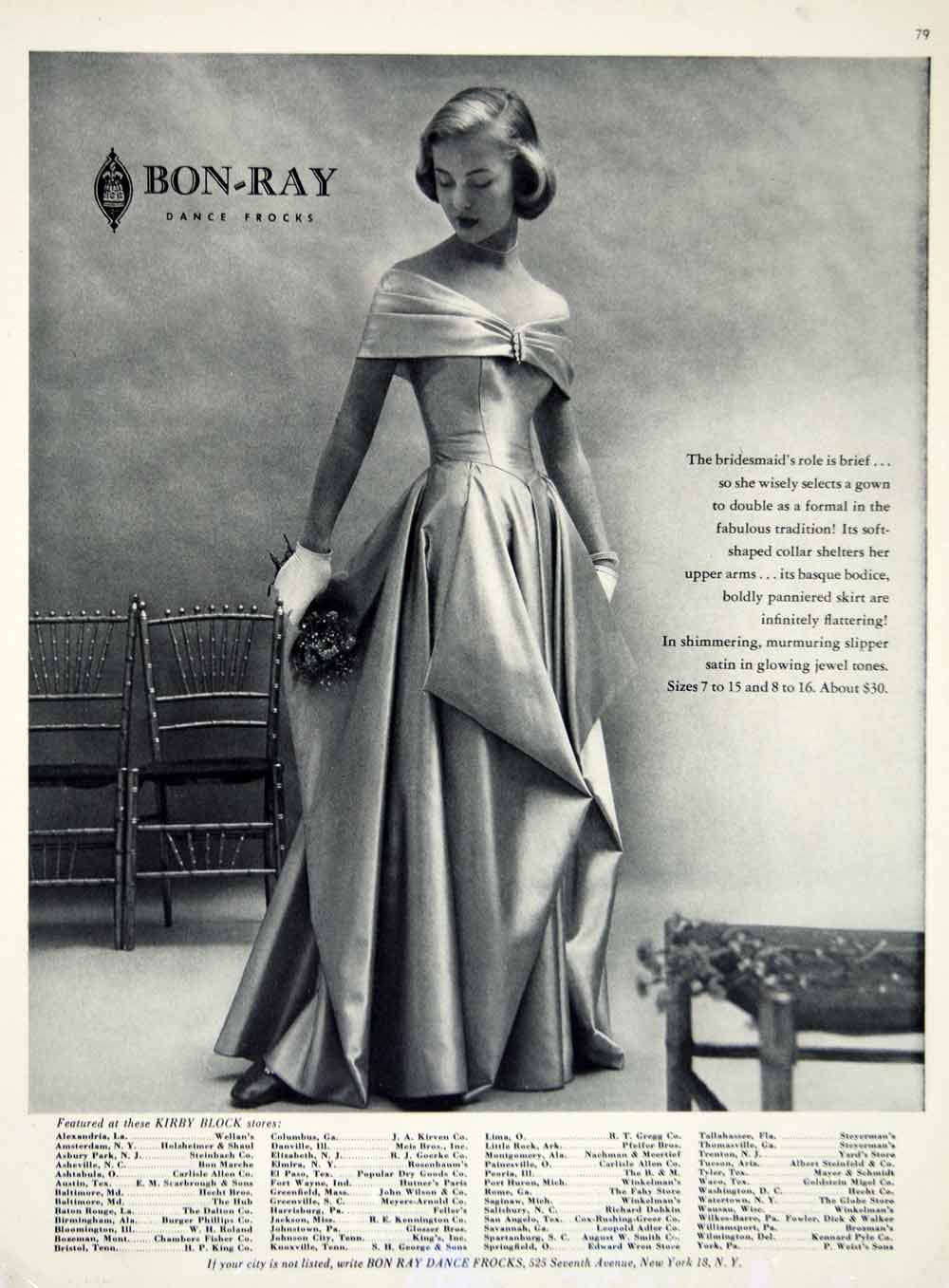 1949 Ad Vintage Satin Bridesmaid Dress Gown Bon-Ray Dance Frock Weddin – Period Paper Historic Art LLC