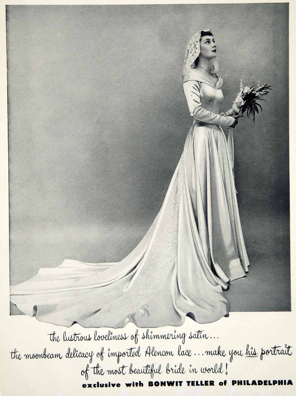 1949 Ad Vintage Satin Wedding Dress Lace Train Veil Bride Bonwit Telle Period Paper Historic Art LLC 1949 Ad Vintage Satin Wedding Dress Lace Train Veil Bride Bonwit Telle Period Paper Historic Art LLC