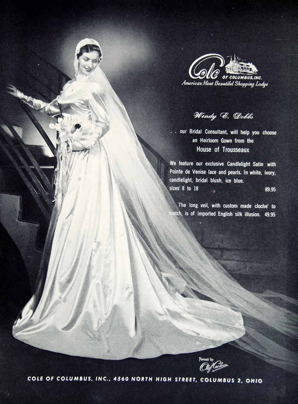 1949 Ad Wedding Dress Bride Cloche Veil Cole of Columbus Wendy E. Dobb Period Paper Historic Art LLC 1949 Ad Wedding Dress Bride Cloche Veil Cole of Columbus Wendy E. Dobb Period Paper Historic Art LLC