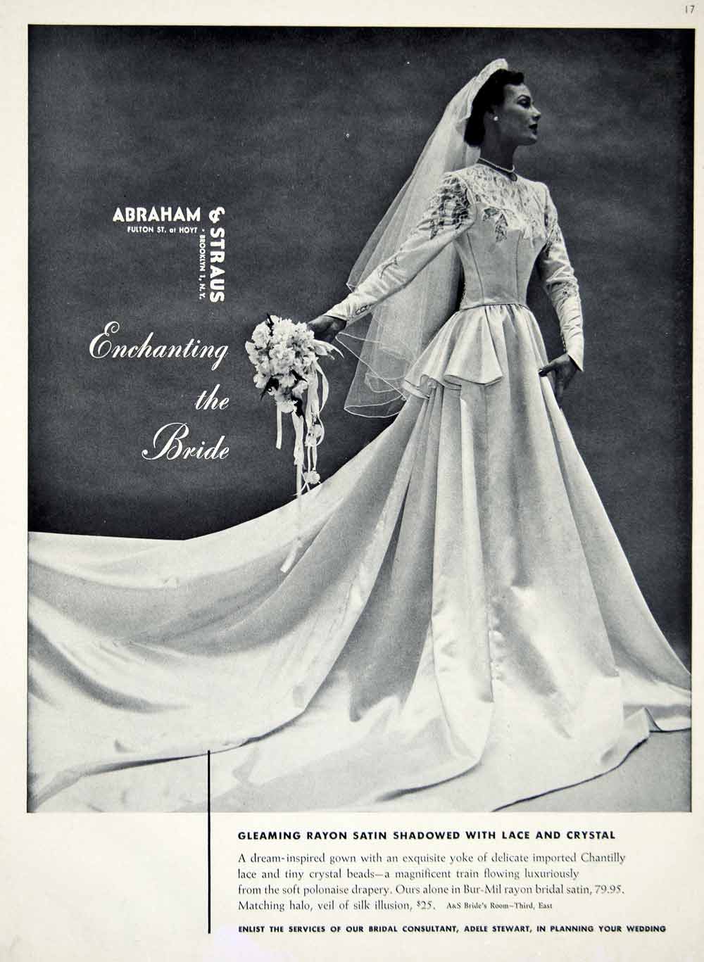 1949 Ad Vintage Wedding Dress Bride Polonaise Drapery Lace Veil Abraham YBSM1