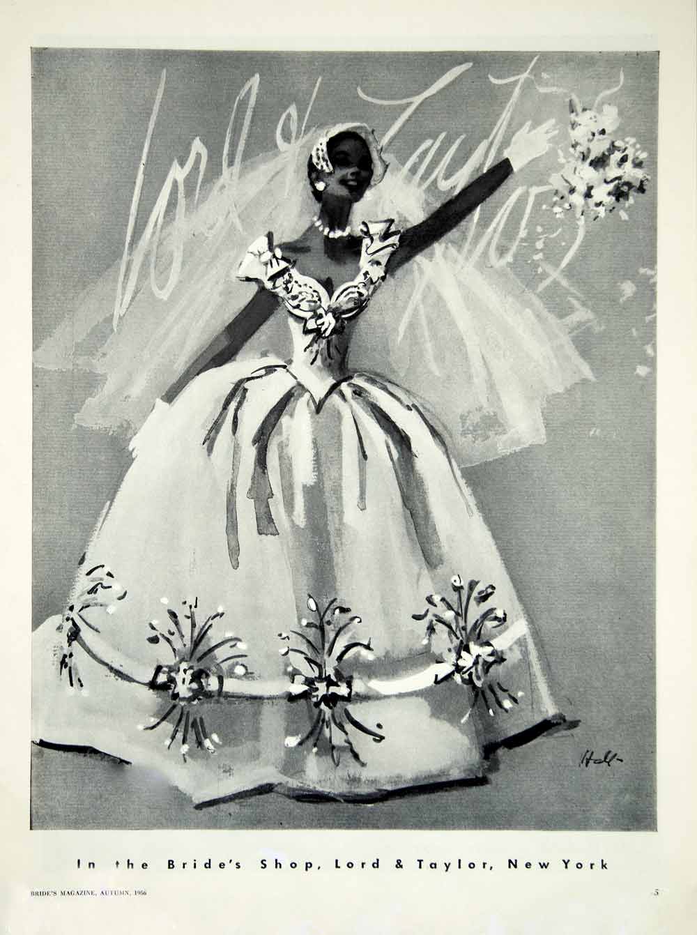 1956 Ad Vintage Wedding Dress Gown Bride Bridal Fashion Illustration Lord YBSM1