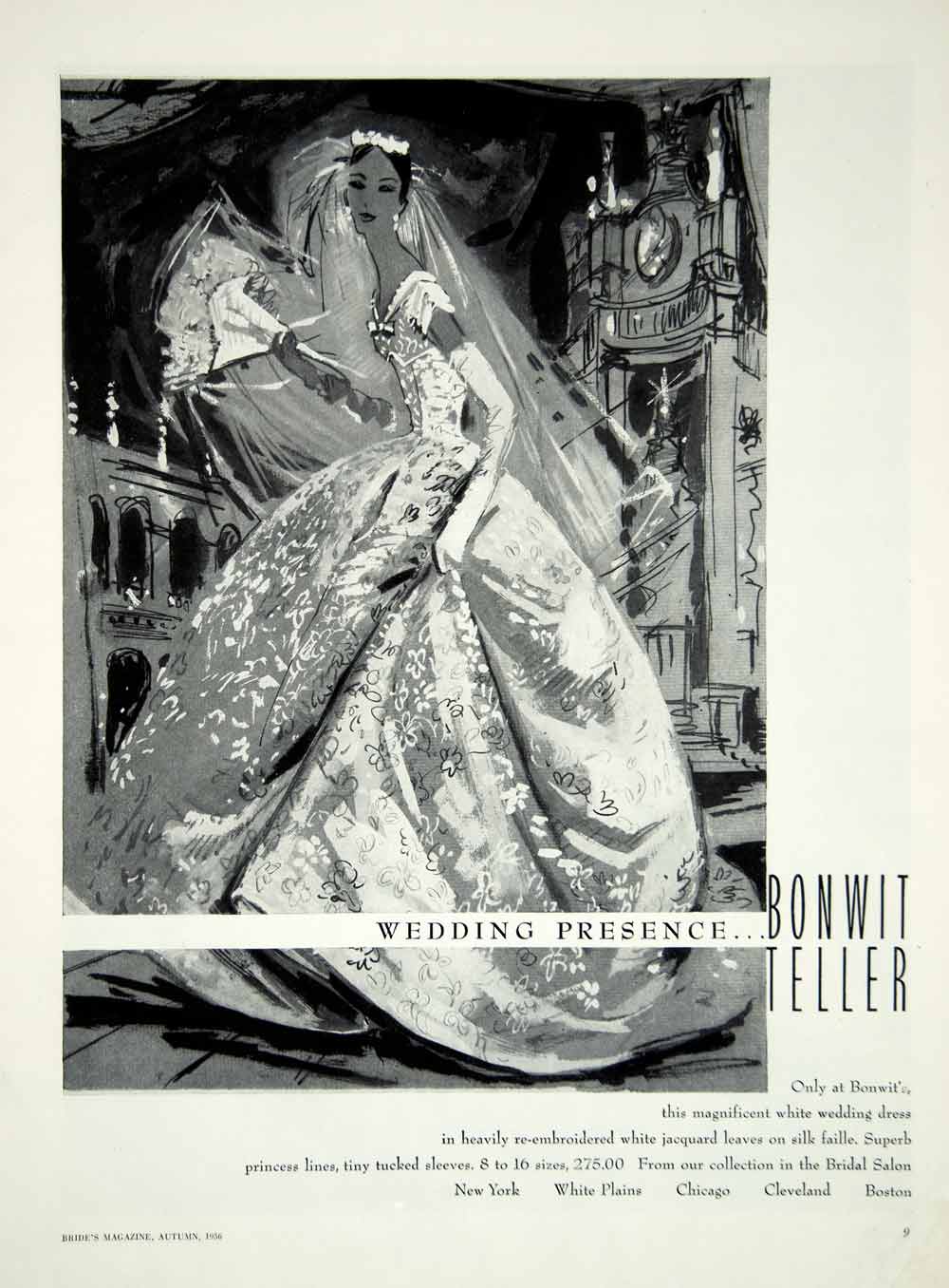 1956 Ad Vintage Wedding Dress Bride Bridal Fashion Illustration Bonwit –  Period Paper Historic Art LLC