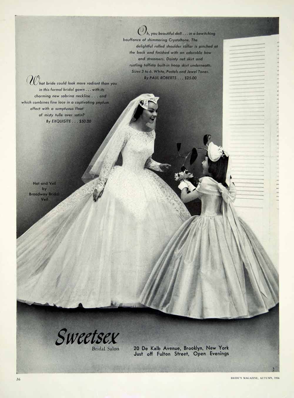 1956 Ad Vintage Wedding Gown Tulle Satin Bride Flower Girl Dress Bridal YBSM1