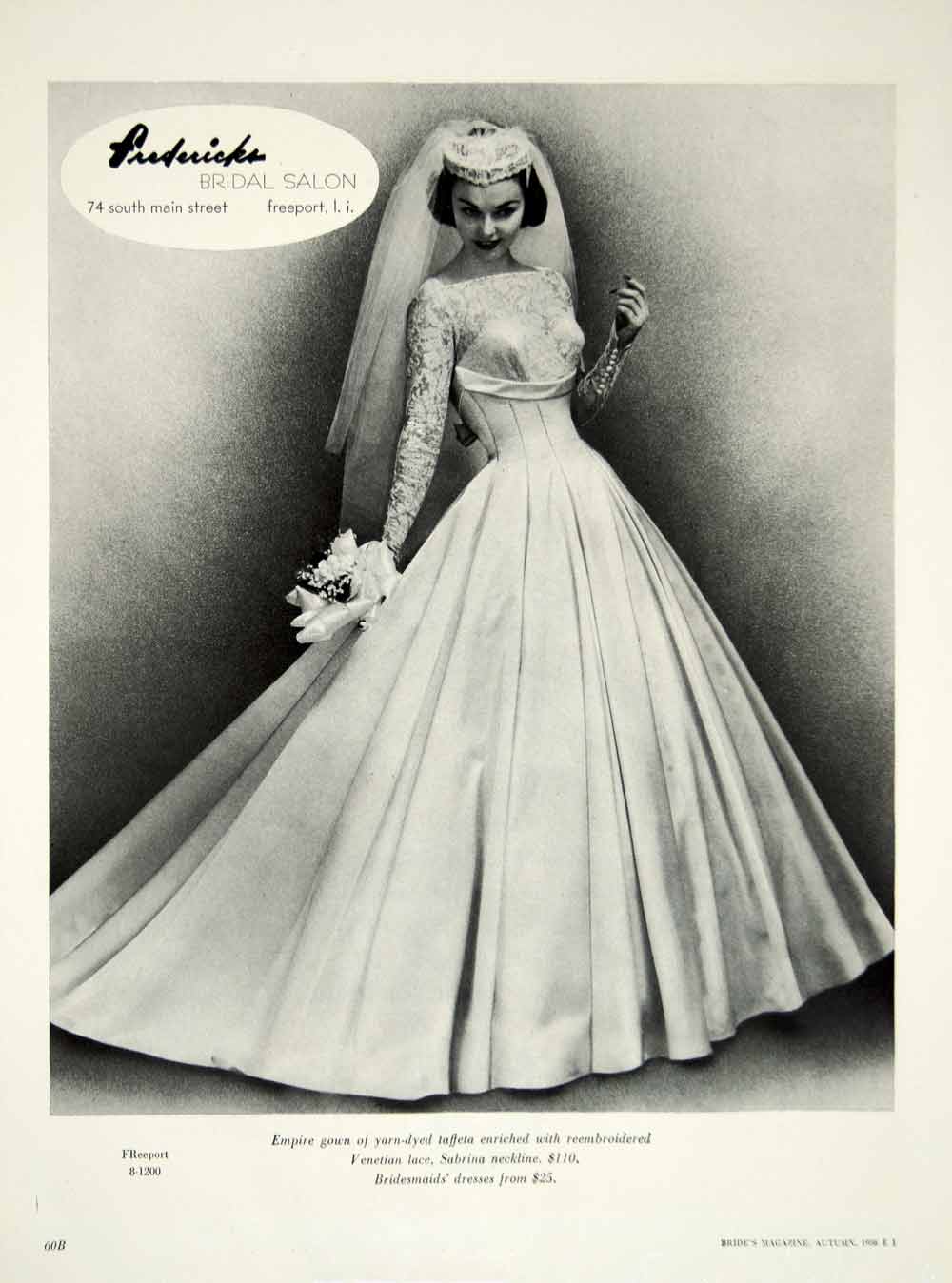 1956 Ad Vintage Empire Wedding Gown Bride Dress Veil Bridal Fashion YBSM1