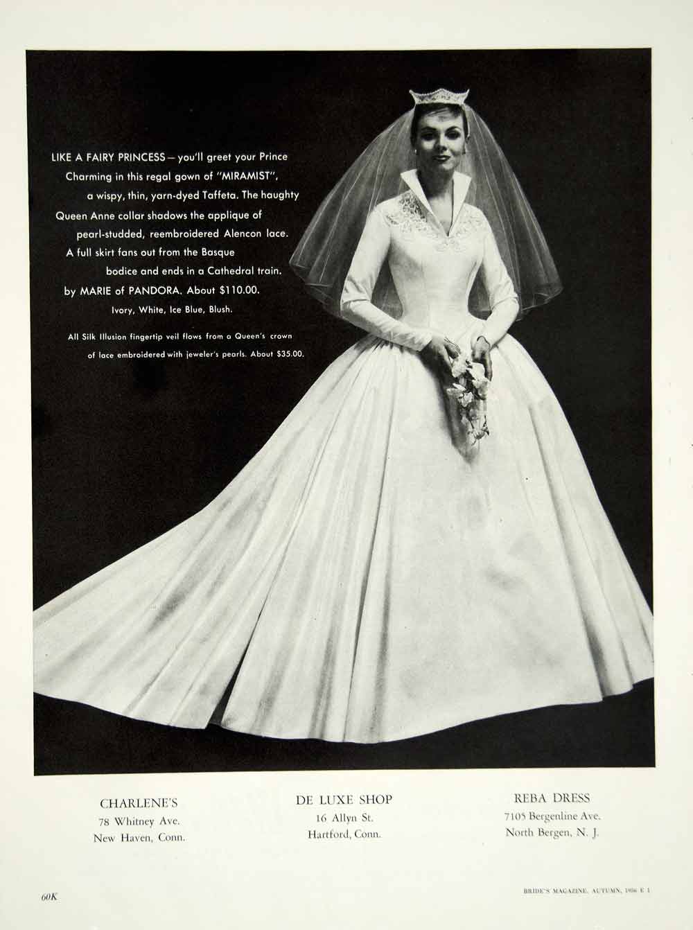 1956 Ad Vintage Marie of Pandora Wedding Dress Bride Bridal Fashion Veil YBSM1