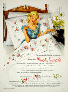 1956 Ad Vintage Wamsutta Supercale Flower Bed Linens Bedsheets Pillows YBSM1