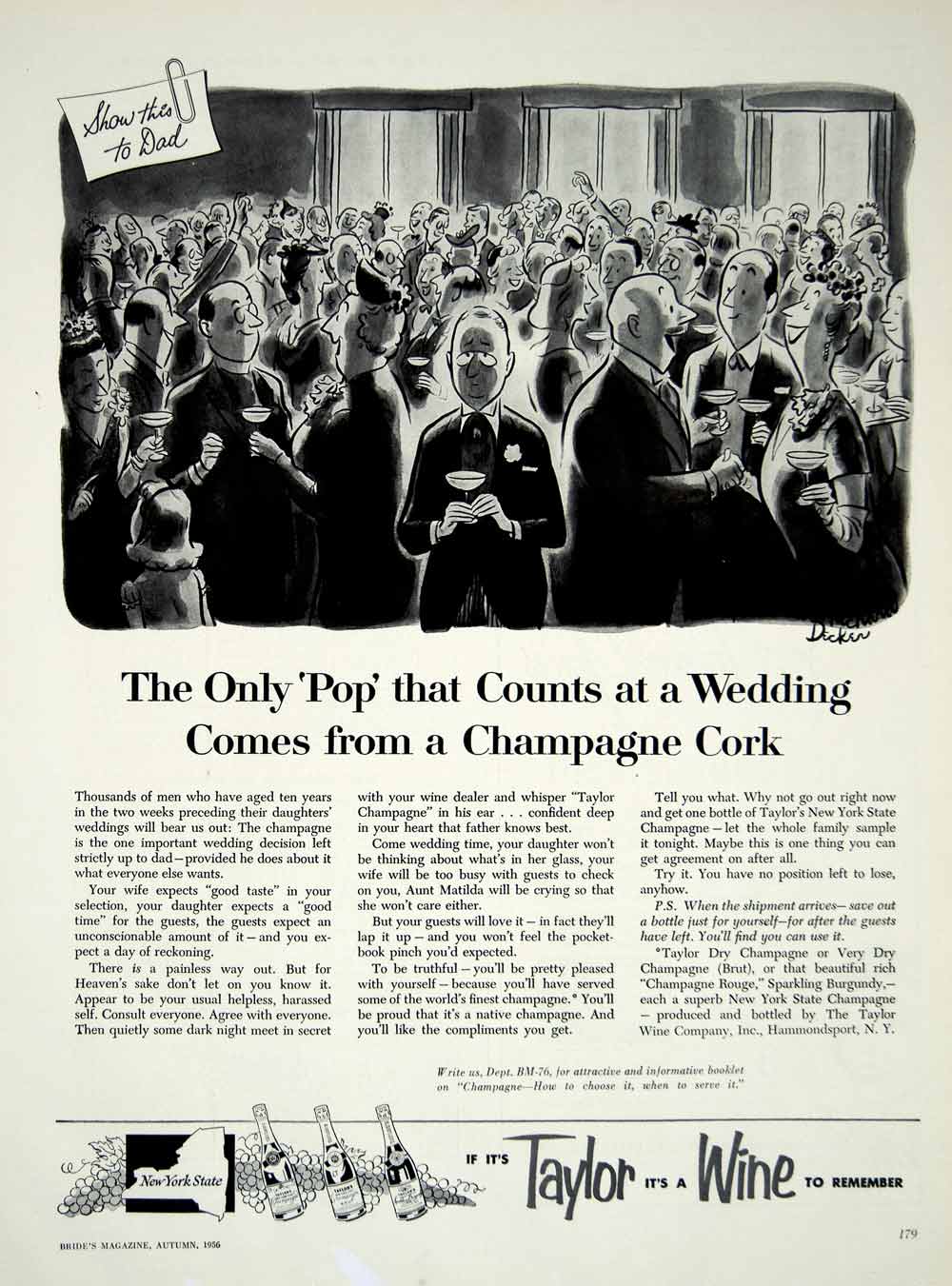 1956 Ad Richard Decker Cartoon Wedding Taylor New York State Champagne YBSM1