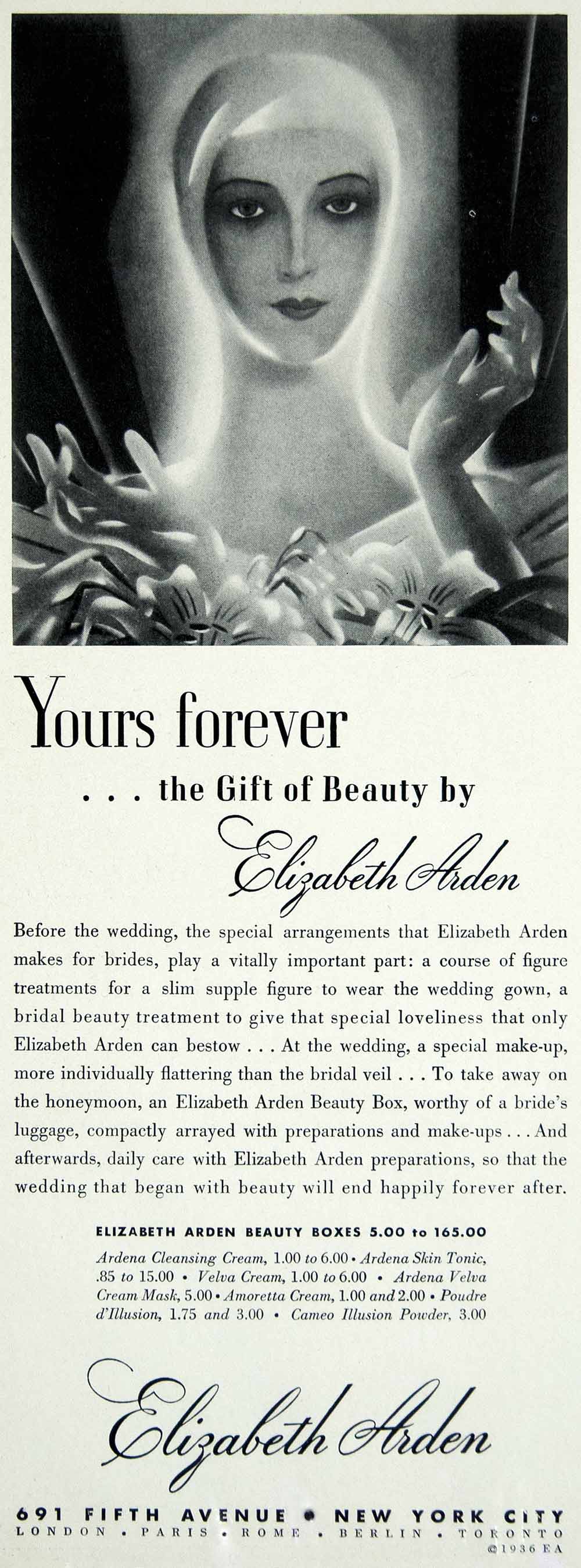 1949 Ad Elizabeth Arden Beauty Box Bride Honeymoon Art Deco Illustration YBSM1