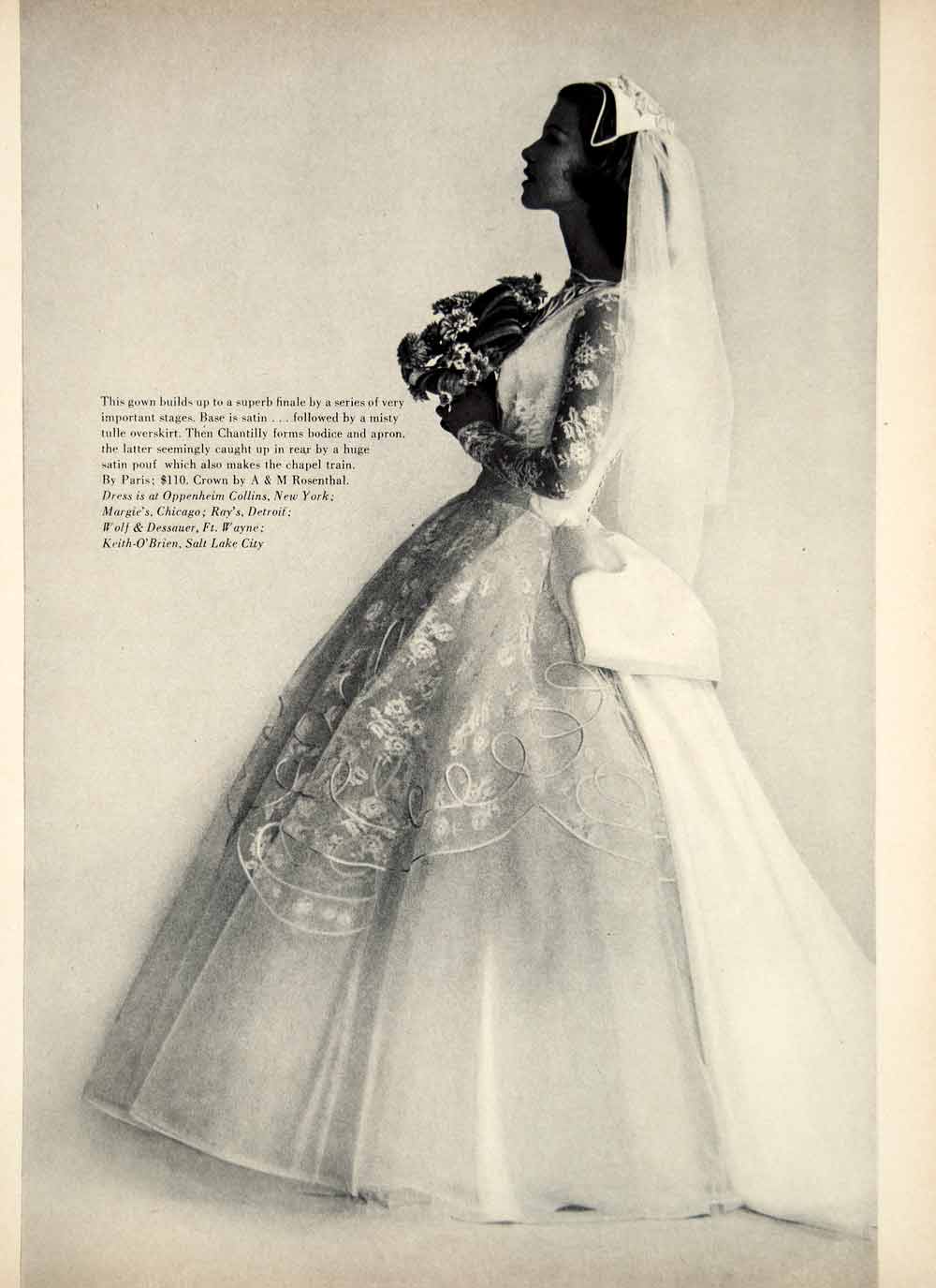 1956 Ad Paris A&M Rosenthal Satin Wedding Gown Dress Bride Bridal Veil YBSM2