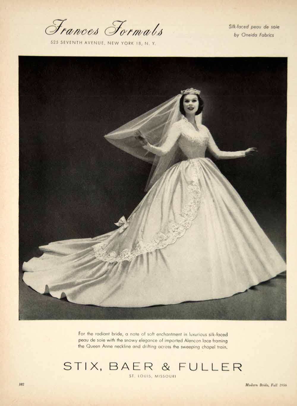 1956 Ad Frances Formals Alencon Lace Wedding Dress Bride Bridal Gown YBSM2