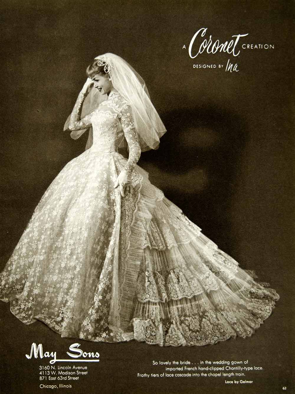 1956 Ad Coronet Ina Wedding Dress Gown Bride Bridal Veil Fashion Lace YBSM2