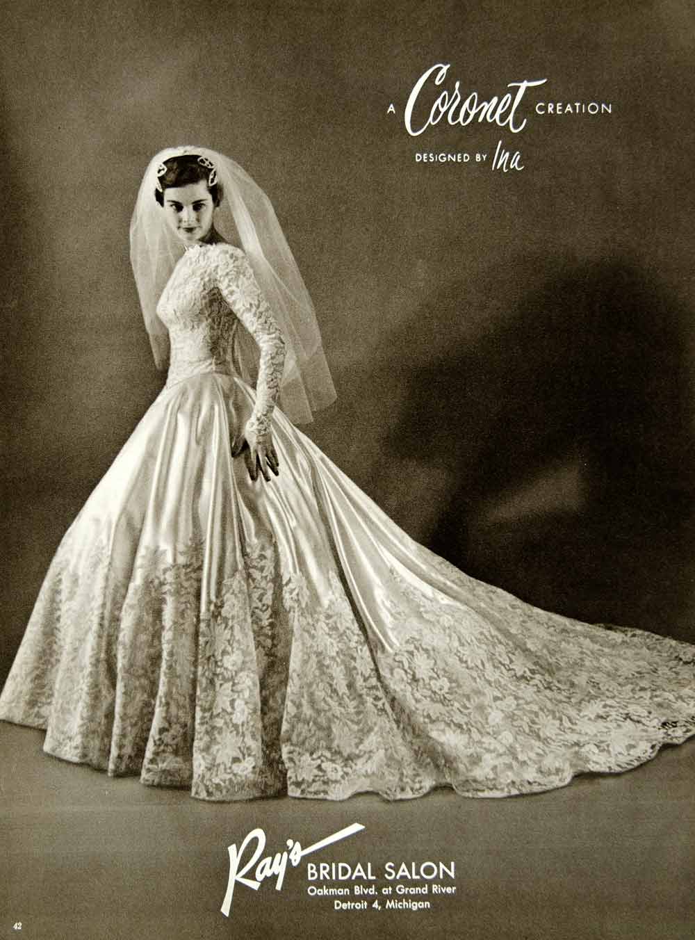 1956 Ad Coronet Ina Wedding Dress Gown Bride Veil Lace Rays Bridal Salon YBSM2